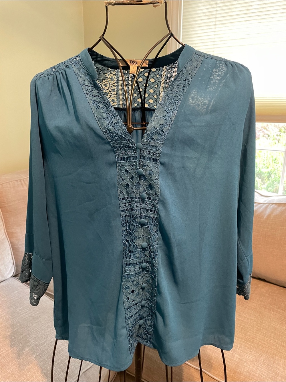 Lace-Trim V-Neck Blouse in Teal — Women's Lightweight Button Front Top